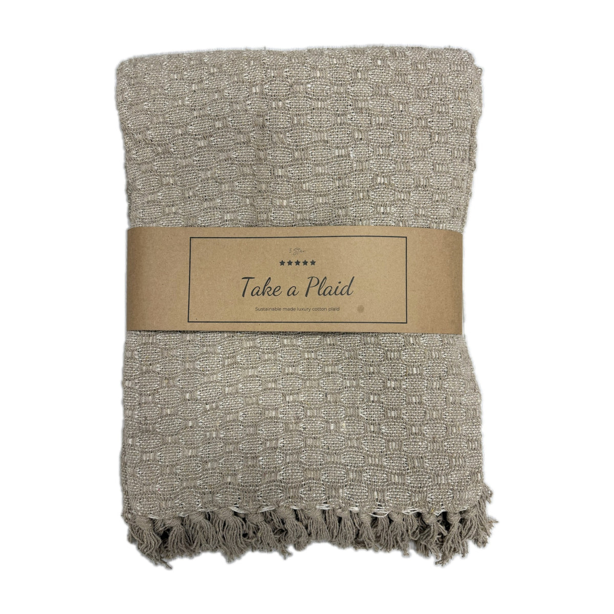 Take A Plaid TAP 2 Beige – effen beige plaid van gerecycled katoen, opgevouwen met banderol