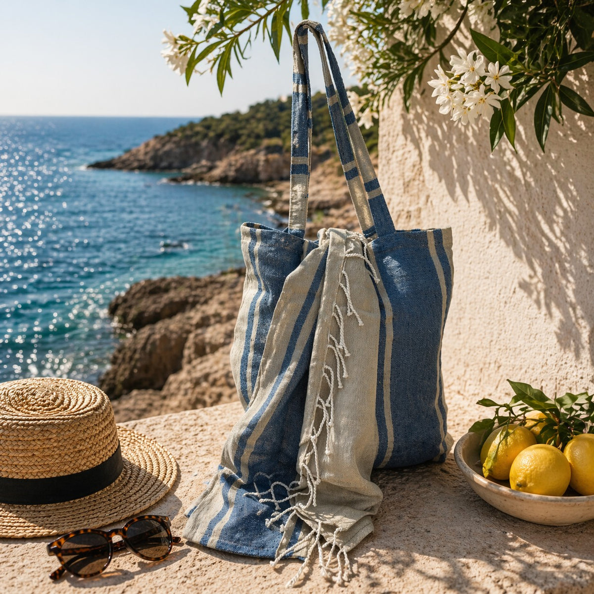 Hamamdoek en tas in zomerse lifestyle-uitvoering