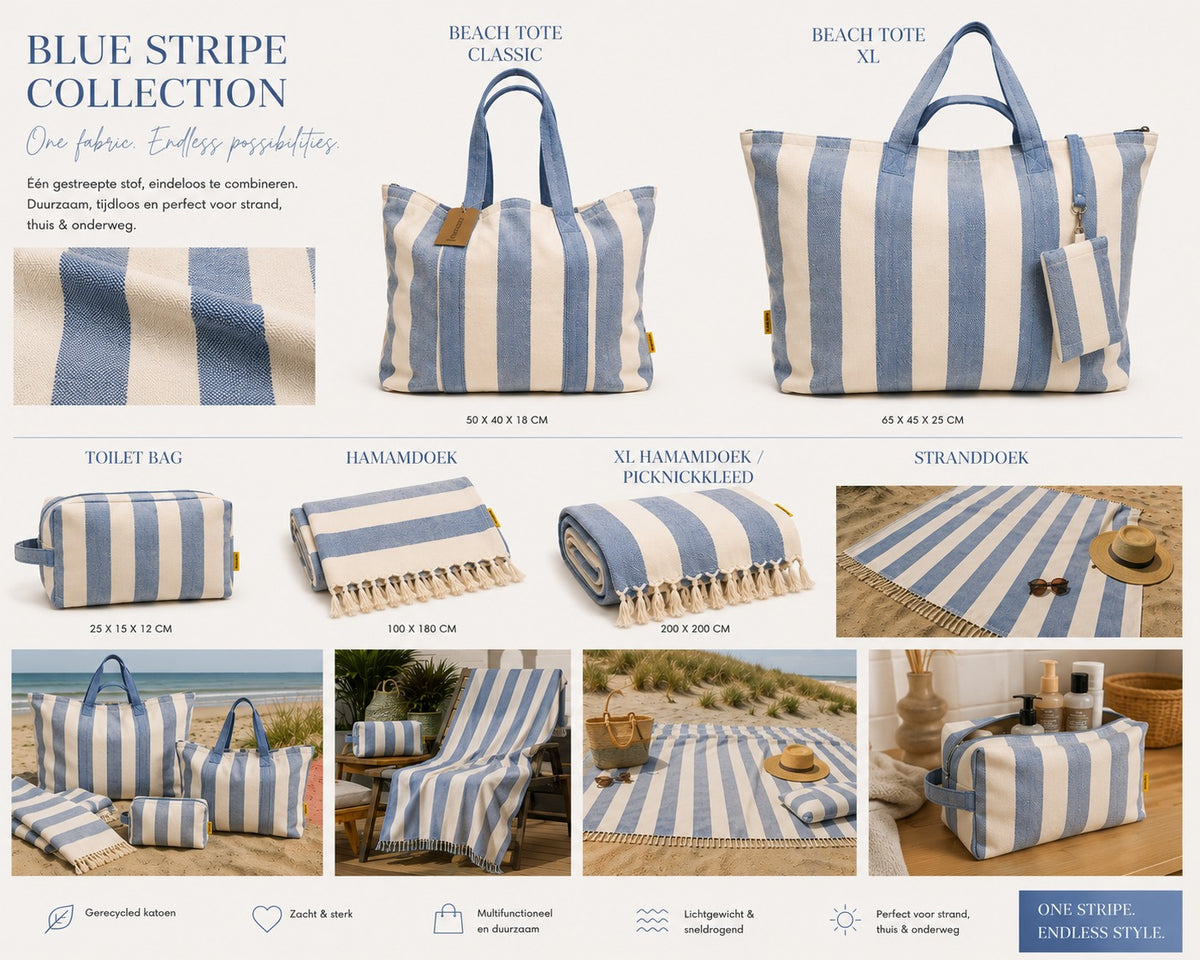 Productfamilie van tas en hamamdoeken in hetzelfde dessin
